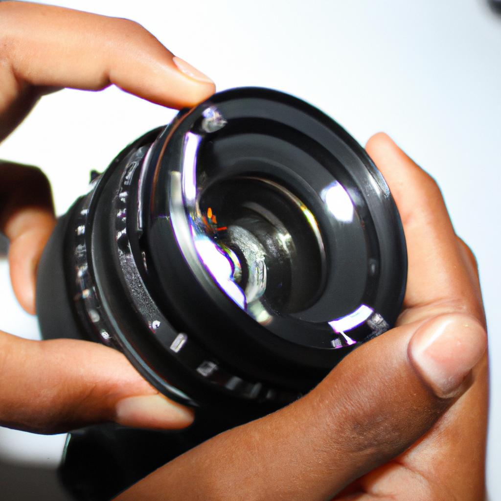 Person adjusting camera lens aperture