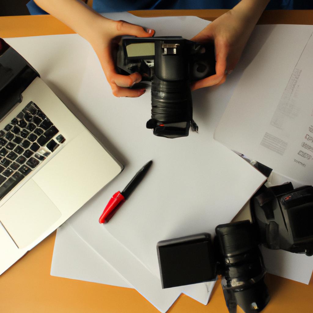 Person holding camera, organizing paperwork